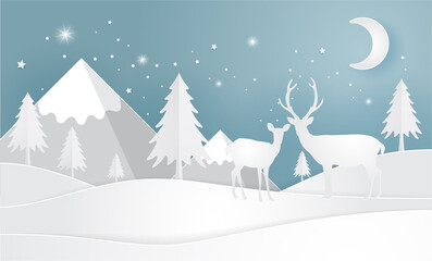 Fototapeta na wymiar Deer in forest with snow, vector paper art and craft style illustration.