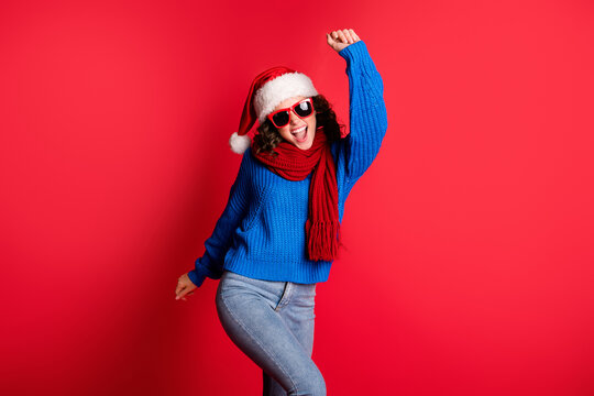 Portrait of her she nice attractive glad cheerful cheery funky girl wearing casual outfit dancing celebrating having fun corporate event isolated bright vivid shine vibrant red color background