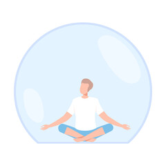 Young Man Meditating Inside Transparent Bubble, Separation from Society or Solitude Concept Flat Style Vector Illustration