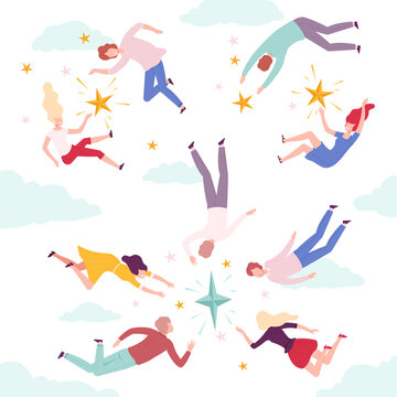 People Flying in the Sky to Stars Set, Men and Women Floating in Imagination Dreams Flat Style Vector Illustration