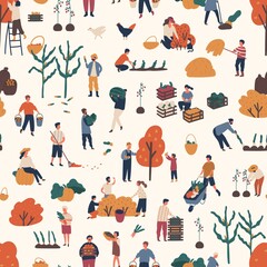Seamless pattern with people pick autumn harvest at farms. Woman and man character work together at garden. Endless background with gardeners. Flat vector cartoon illustration of harvesting farmers