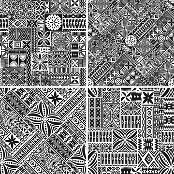 Hawaiian style tapa cloth motifs tribal fabric vintage vector seamless pattern collection