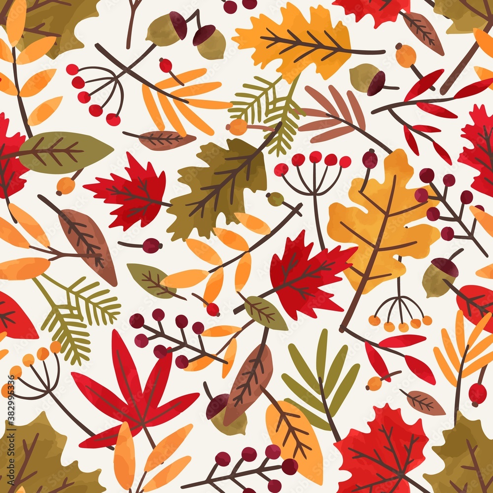 Poster seamless pattern with autumn leaves and berries. colorful repeatable backdrop with oak, rowan and ma