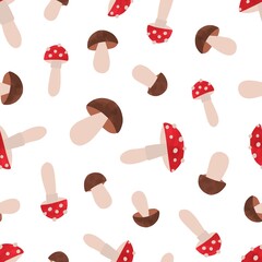 Seamless pattern with poisonous and edible mushrooms. Repeatable background with fly agaric and boletus. Colorful natural autumn backdrop. Flat vector cartoon illustration