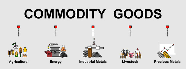 The vector banner of commodity goods topic, with 5 types of commodity. Creative flat design for web banner and business presentation.