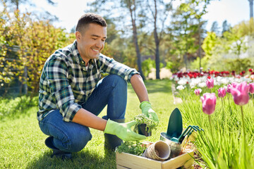gardening and people concept - happy smiling middle-aged man with tools in box and flowers at...