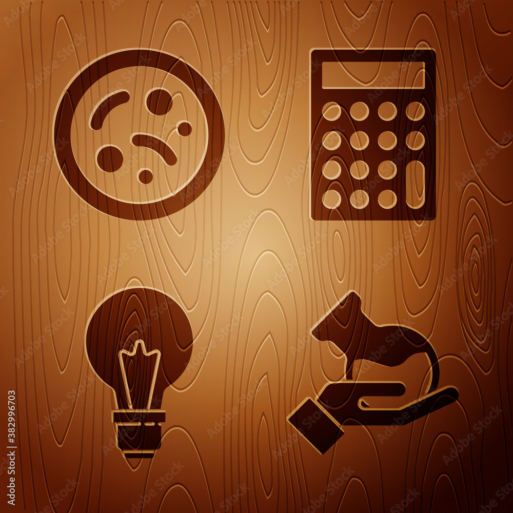 Sticker Set Test tube and flask, Bacteria, Light bulb with concept of idea and Calculator on wooden background. Vector.