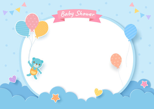 Baby shower card with teddy bear and balloons on blue background