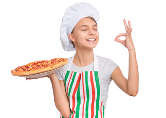 Girl cook in apron holds plate with fresh pizza, isolated on white background.
