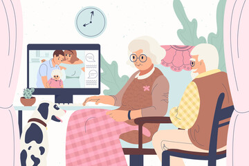 Old people sitting inside their home talk with children via video link. Communicating each other by using the internet through video. Flat vector illustration