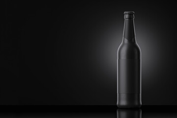 3D rendered model of black beer bottle against black shaded background.