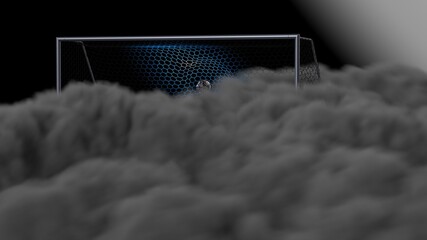 Clear Glass Soccer Ball in the Goal Net under black-white lighting with dark  toned foggy smoke background. 3D illustration. 3D CG. High resolution.