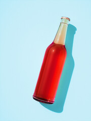 One transparent glass bottle with metal cap laying on light blue surface.