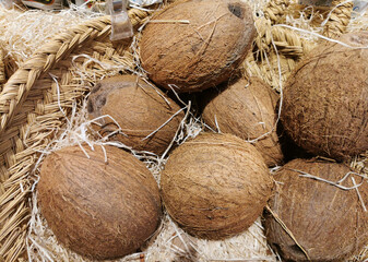 whole coconuts in a basket