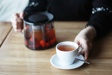 Hot fruit tea, student, comfortable place, lunch