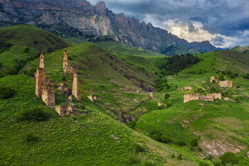 Aerial view of medieval tower complex in the mountains of Ingushetia, Russia