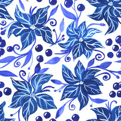 Winter seamless pattern. Poinsettia flowers, berries, leaves, curls. Gouache-drawn illustration. Design for fabric, textile, packaging, wallpaper.