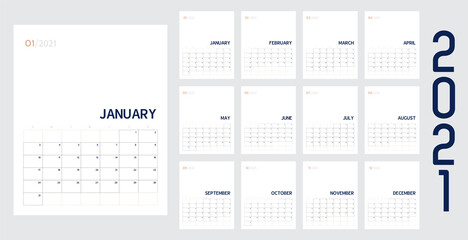 Vector of 2021 new year calendar in modern clean table simple style with blue gold green color,Holiday event planner,Week Starts Sunday.desk calender layout annual calender.timetable for diary