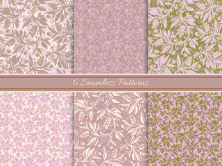 Set of 6 Floral seamless patterns with leaves and berries in chartreuse green, pink, cream and taupe