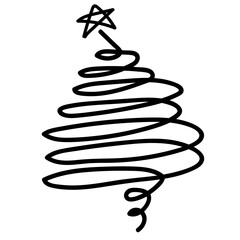 Free hand drawn fancy Christmas tree. Doodles and curlicues. Black vector element on white background.