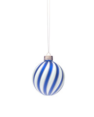 Hanging royal blue and white twisted striped Christmas ball.