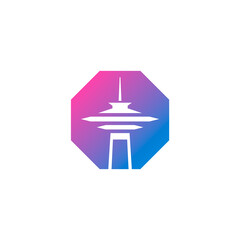 futuristic tower logo inside a octagon shape
