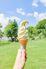 青空と緑が背景のソフトクリーム