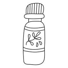 Bottle or vial with drops or herbal plant oil. Doodle sketch hand drawn vector  illustration on white background. Isolated outline.