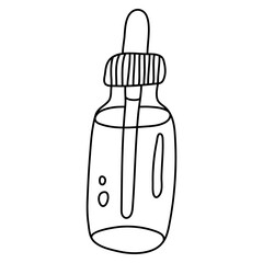 Bottle or vial of oil with pipette. Doodle sketch hand drawn vector  illustration on white background. Isolated outline.