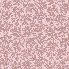 Floral seamless pattern with leaves and berries in wine red, taupe and pink colors, hand-drawn and digitized. Design for wallpaper, textile, fabric, wrapping, background.