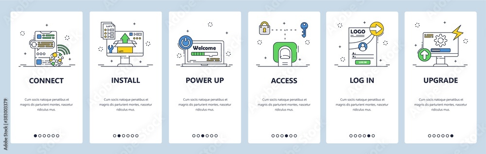 Poster wireless internet connection, file access and upgrade. mobile app onboarding screens, vector website