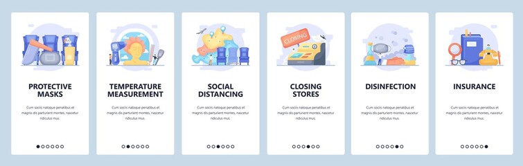 Covid-19. Safe travel. Face masks, disinfection, social distancing. Mobile app screens, vector website banner template.