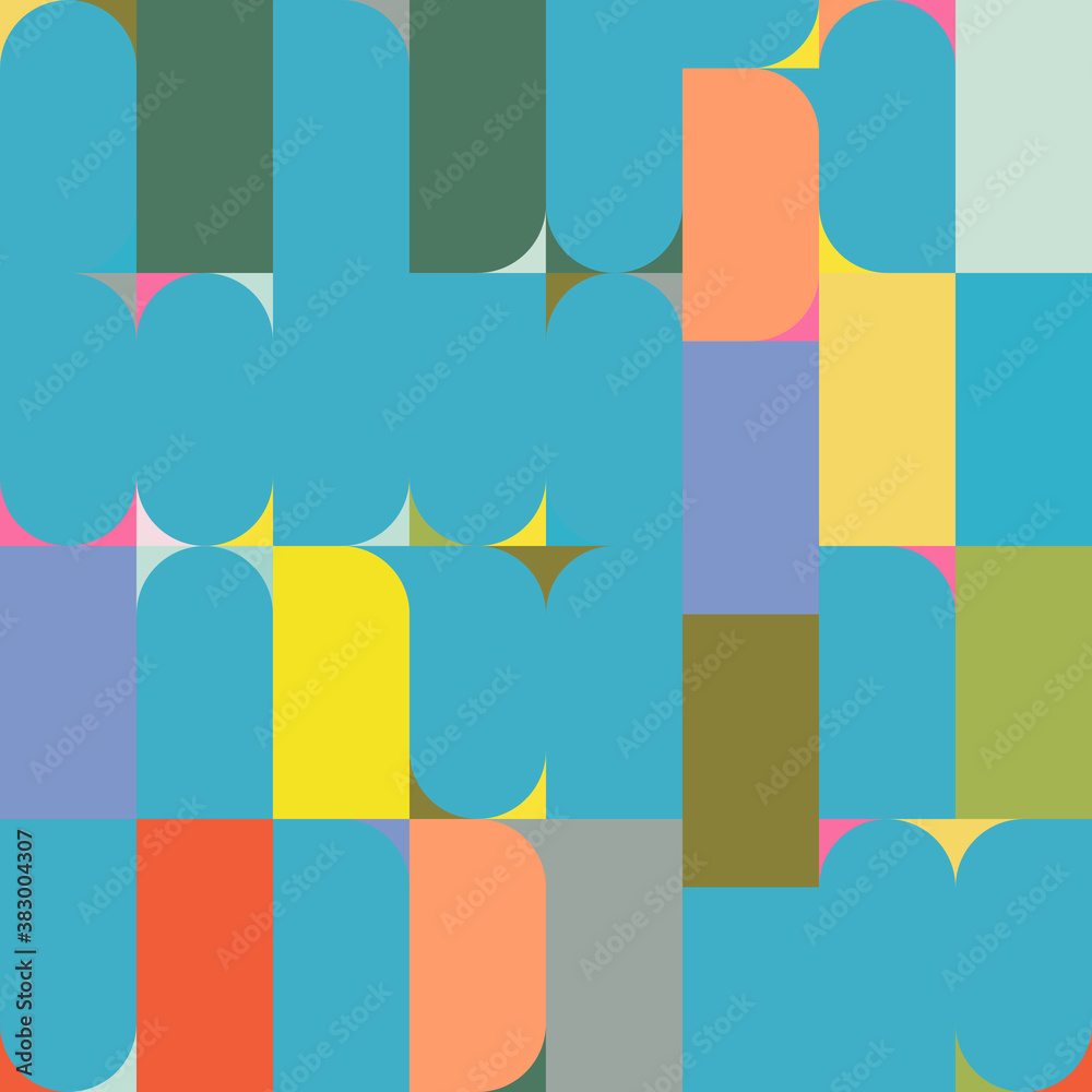 Poster Modern vector abstract seamless geometric pattern with semicircles, circles and squares in retro scandinavian style. 
