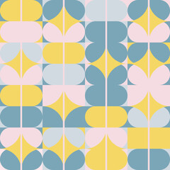 Modern vector abstract seamless geometric pattern with semicircles, circles and squares in retro scandinavian style. 