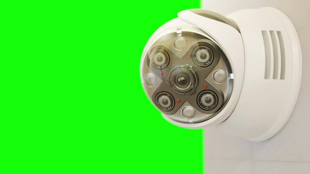 Futuristic security CCTV camera with Motion sensor on green screen. Scan the area for surveillance purposes. Animation seamless loop, 3d render.
