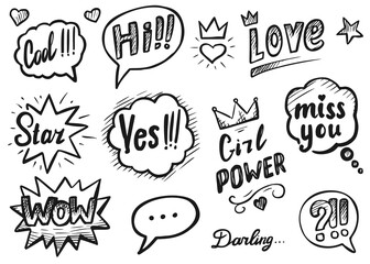 Chat bubble sketch. Dash line drawing chat message with phrase. Handwritten texting thought speech bubble. Dialog window icon sticker isolated vector set. Hand drawn dialogue cloud sketch illustration