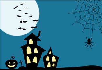 Black house with bats, pumpkin, and grave on blue background. Vector. Halloween. Black spider. Old house. Web. Grave with a cross. The bats. Pumpkin. Moon