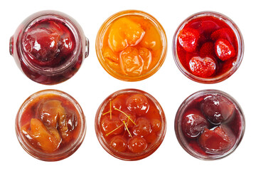 A various jams in a transparent glass jars isolated on a white background