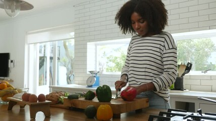 beautiful ethnic female with afro chopping vegetables in the kitchen.