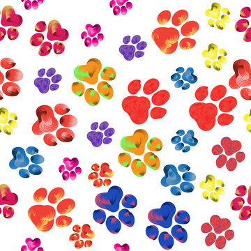 Multicolored paw track seamless pattern on transparent background. Hand drawn vector illustration. Ornament for wallpaper, textile, scrapbook, wrapping
