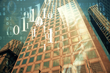 Obraz na płótnie Canvas Data theme hologram drawing on city view with skyscrapers background multi exposure. Bigdata concept.