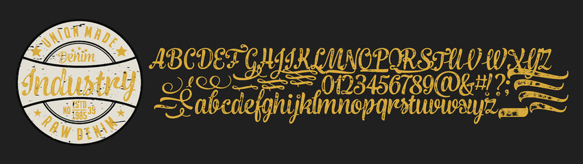 Vintage brush script lettering font, handwritten calligraphic alphabet.