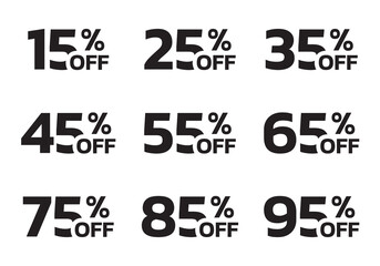 Price off label or badge set. Sale icons or tags with 15, 25, 35, 45, 55, 65, 75, 85, 95 percent discount. Vector illustration.