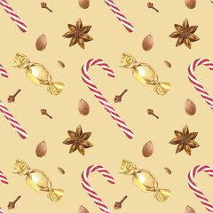 Christmas watercolor pattern with candy cones, anise stars, almond, cloves, candies. Seamless pattern on yellow background.