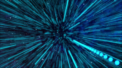 Abstract Simple creative cosmic background. Hyper jump into another galaxy star. Follow Speed of light, neon glowing rays motion. Beautiful colorful explosion, Big bang Moving through stars.