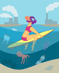 Surfer girl gas mask floats on board in sea of plastic garbage. Ocean waters pollution concept. Under water bottle, bag, tire, dead fish,octopus. Factories on shore. Vector ecology illustration