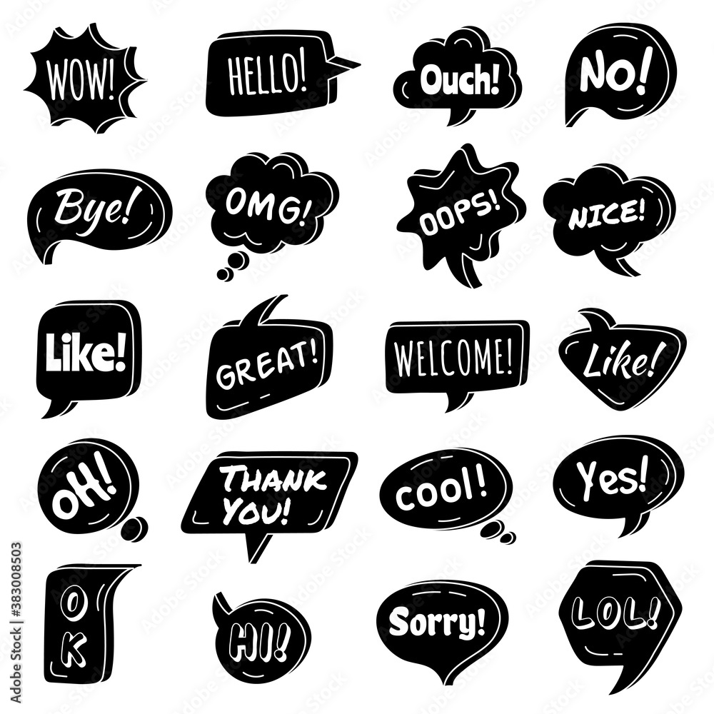 Wall mural talking phrase. speech bubbles circle shapes with dialogue simple phrase vector text areas collectio