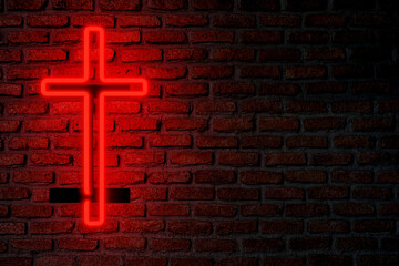 Neon cross  text banner red light on brick wall. Night Sign. 3d rendering - obrazy, fototapety, plakaty