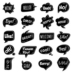 Talking phrase. Speech bubbles circle shapes with dialogue simple phrase vector text areas collection. Illustration bubble talk message, text speech balloon