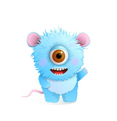 Cute hairy fluffy monster with one big eye for children, greeting or congratulating. Smiling imaginary creature design for kids, vector 3d cartoon illustration.